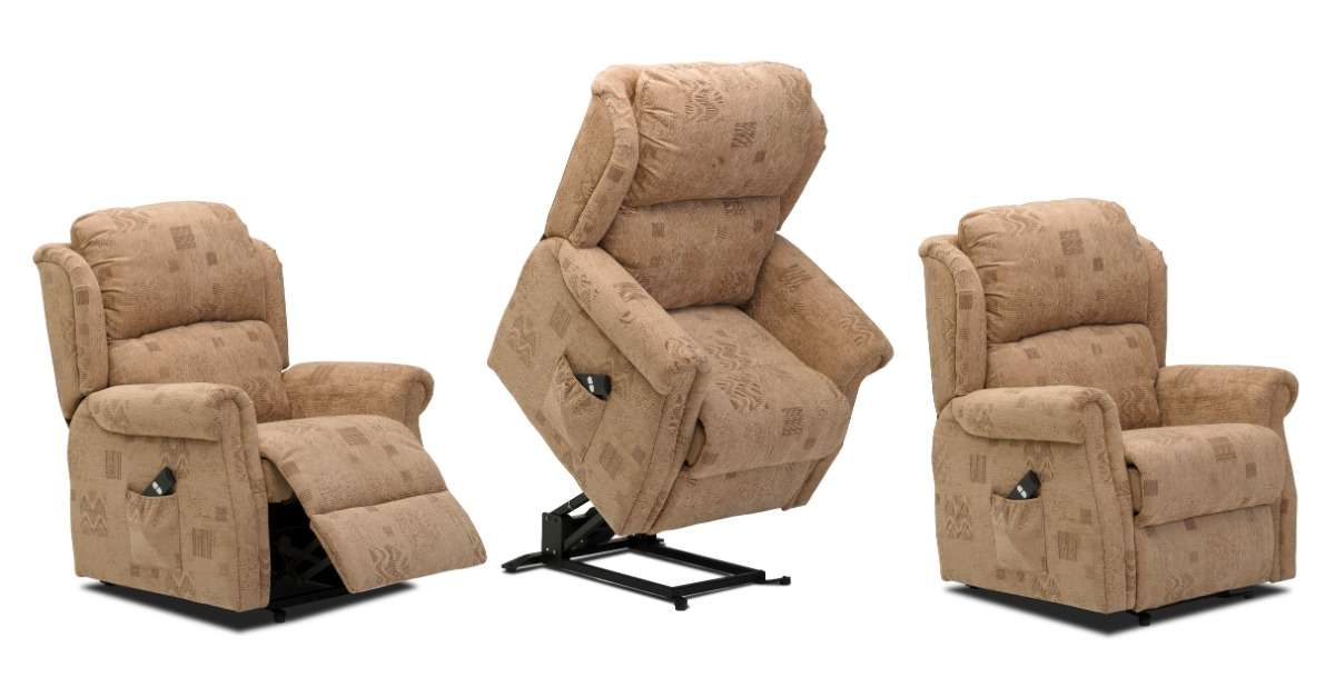 A recliner lift chair on display with three stages shown: leg lift out, chair fully upright, and seated.