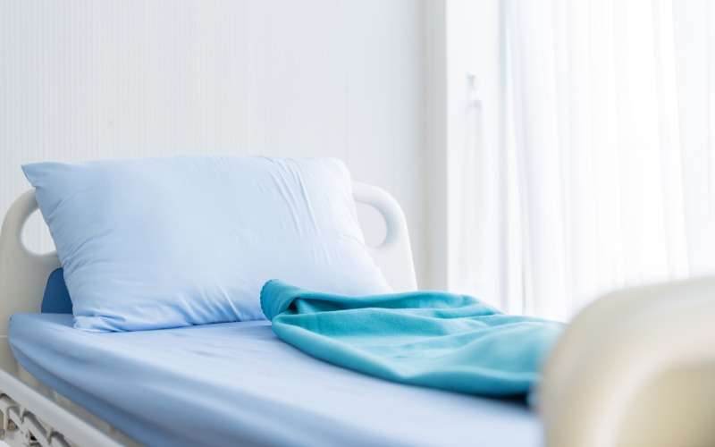 A close-up of a hospital bed rental in a facility. The bed has light blue linens and a teal blanket.