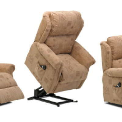 A brown suede lift chair recliner in all three stages: seated, raised, and leg lift. There is a remote pocket on the side.