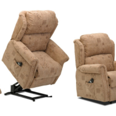 A recliner lift chair on display with three stages shown: leg lift out, chair fully upright, and seated.