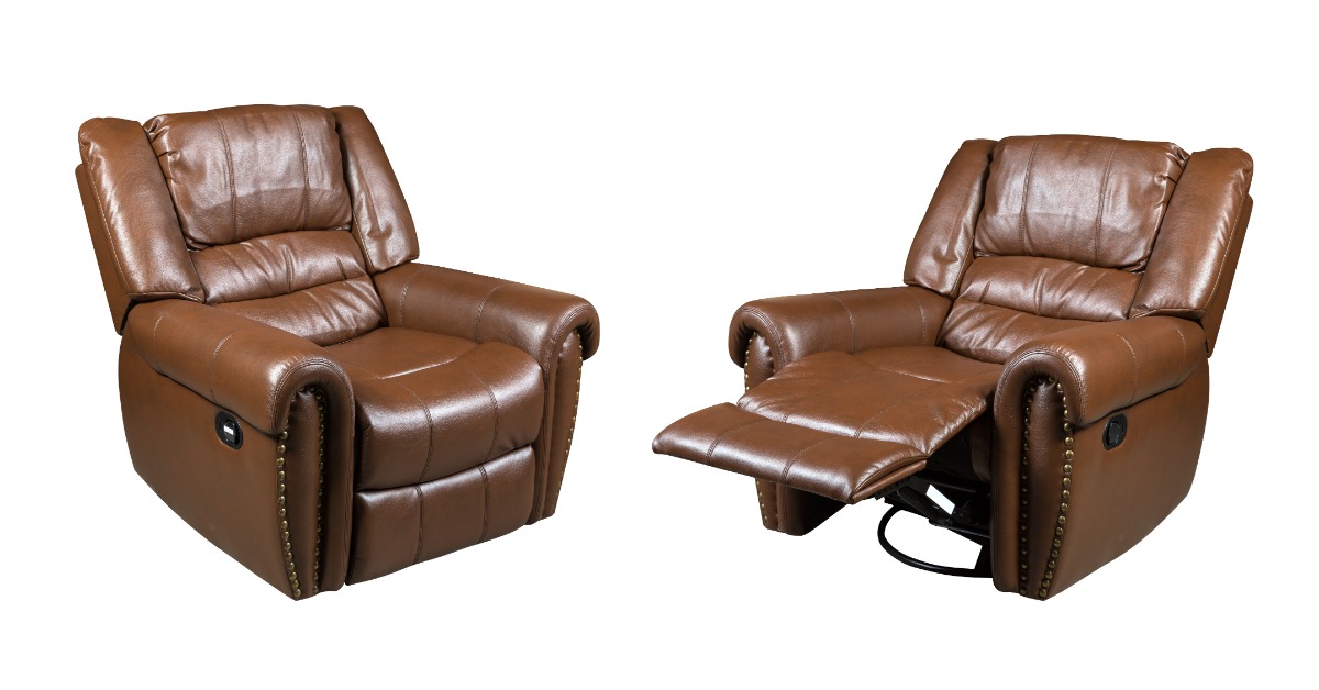 A brown leather recliner with buttons on both sides. The recliner is in two positions: leg lift out and seated.