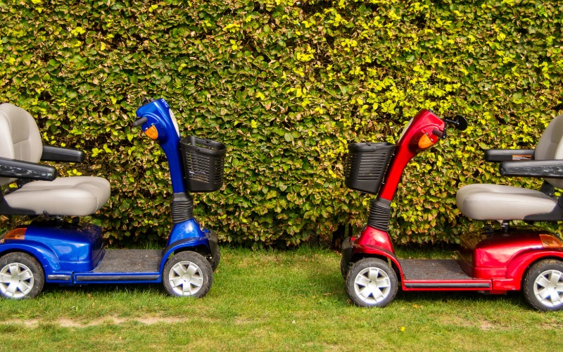 Two mobility scooters parked outside in the grass near a greenery wall. One scooter is blue and the other is red.