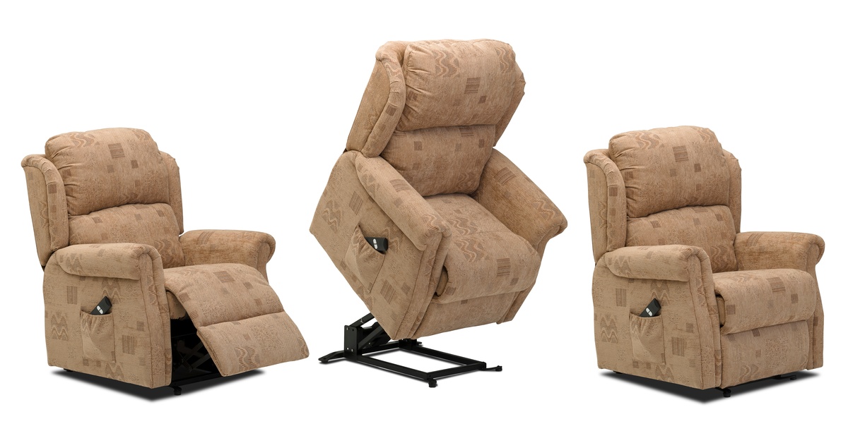 Three lift chairs in different positions showing the recline options, including static, lifted, and reclined.
