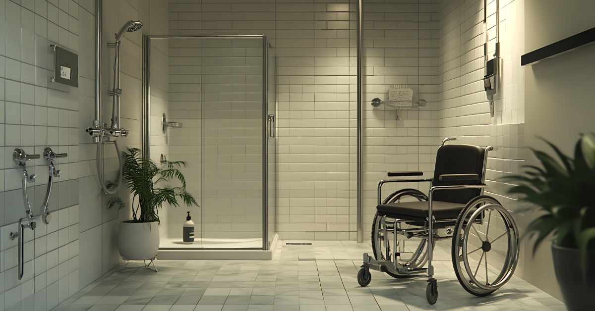 A modern residential bathroom with a large roll-in shower for the wheelchair that's sitting next to it.